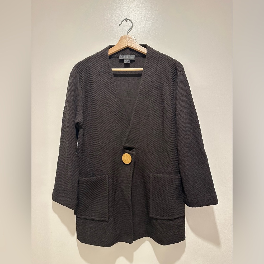 St John Santana Knit Black Cardigan Jacket Gold Snap Button Size 10 Made in USA